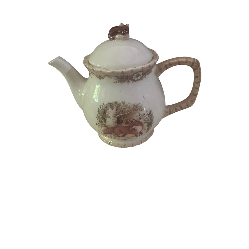 Cracker Barrel Woodland Fox Ceramic Teapot with Squirrel Lid Finial White Brown
